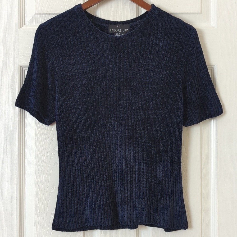 Carole Little 90's Vintage Chenille Knit Short Sleeve Crewneck Sweater Navy M